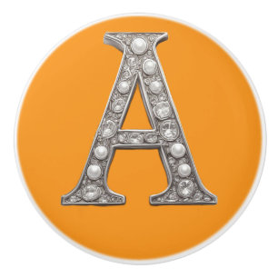 Jewel-Encrusted Letter A On Yellow Background Ceramic Knob