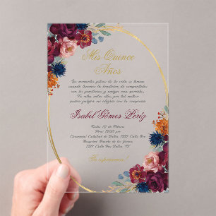 Jewel flower Spanish Quinceañera Acrylic Invitations