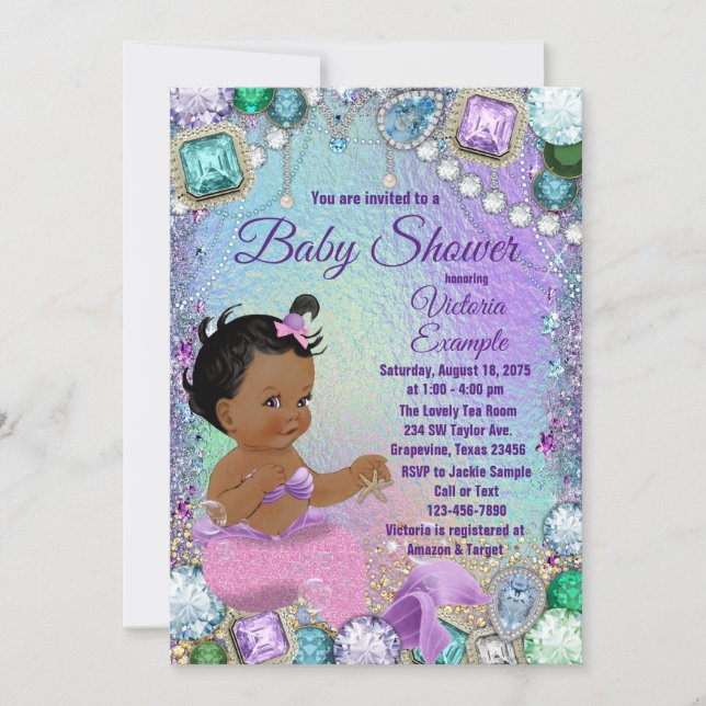 Jewel Mermaid African Mermaid Pink Baby Shower Invitation (Front)