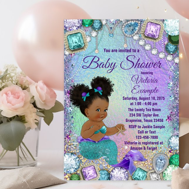 Jewel Mermaid Afro Hair Baby Shower Invitation Postcard (Postcard baby shower invitation. You can add your return address to the back to save time.)