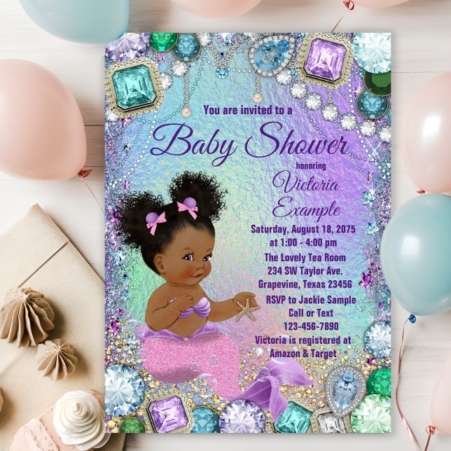 Jewel Mermaid Afro Hair Pink Mermaid Baby Shower Invitation (You can change all wording and text as needed on this cute any occasion mermaid invitation.)