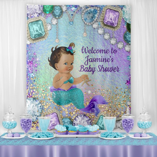 Jewel Mermaid Baby Shower Banner Backdrop Tapestry (Creator Uploaded)