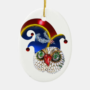 JEWEL OWL AND  ELF HAT WITH DIAMOND FEATHERS CERAMIC TREE DECORATION