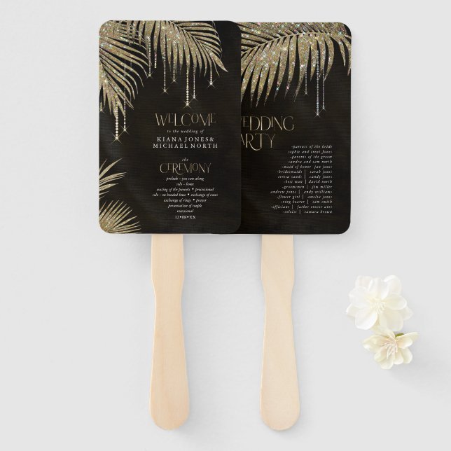 Jewel Palm Leaf Ceremony Program Gold ID830 Hand Fan (Front and Back)