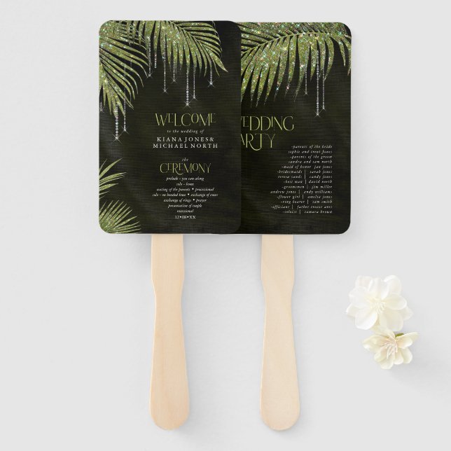 Jewel Palm Leaf Ceremony Program Green ID830 Hand Fan (Front and Back)