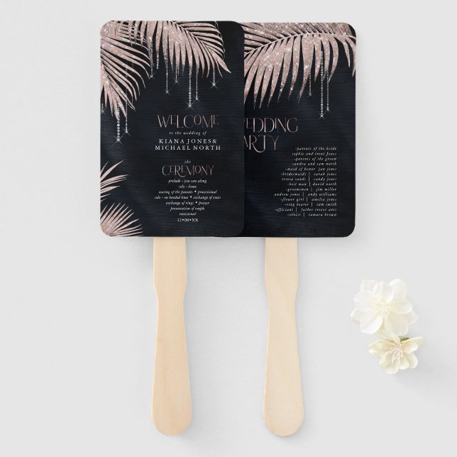 Jewel Palm Leaf Ceremony Program Rose Gold ID830 Hand Fan (Front and Back)