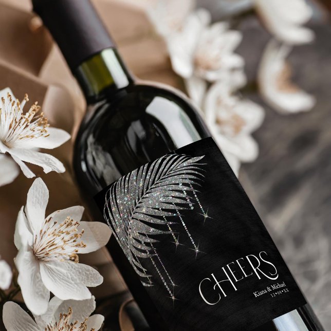 Jewel Palm Leaf Wedding Cheers Silver ID830  Wine Label (Creator Uploaded)