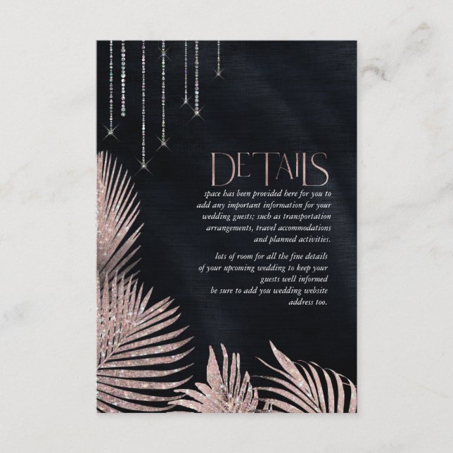 Jewel Palm Leaf Wedding Details Rose Gold ID830 Enclosure Card (Front)