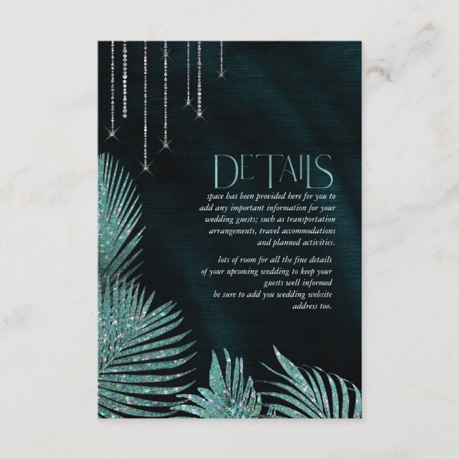 Jewel Palm Leaf Wedding Details Teal ID830 Enclosure Card (Front)