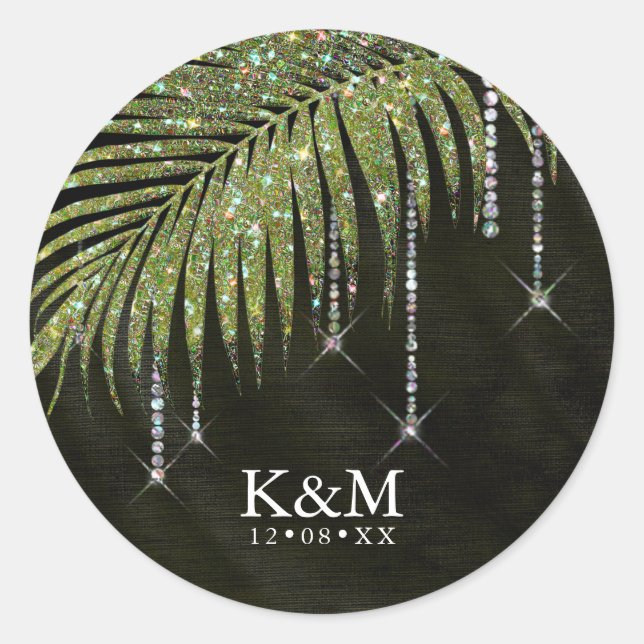 Jewel Palm Leaf Wedding Green ID830 Classic Round Sticker (Front)
