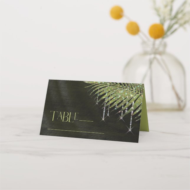 Jewel Palm Leaf Wedding Green ID830 Place Card (Front)