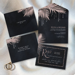 Jewel Palm Leaf Wedding Rose Gold ID830 All In One Invitation