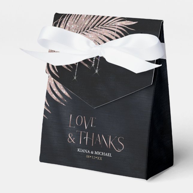 Jewel Palm Leaf Wedding Rose Gold/Navy ID830 Favour Box (Front Side)
