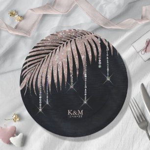 Jewel Palm Leaf Wedding Rose Gold/Navy ID830 Paper Plate