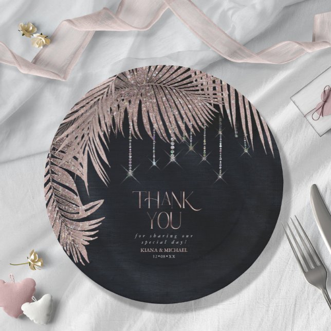 Jewel Palm Leaf Wedding Rose Gold/Navy ID830 Paper Plate (Creator Uploaded)