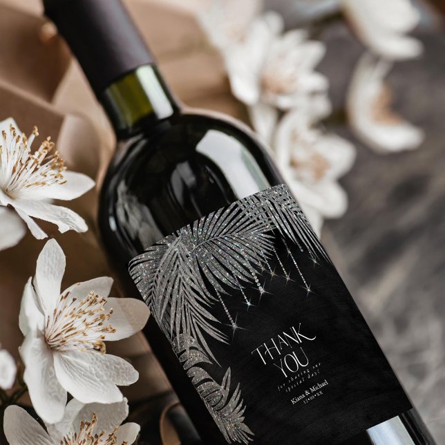 Jewel Palm Leaf Wedding Silver ID830 Wine Label (Creator Uploaded)