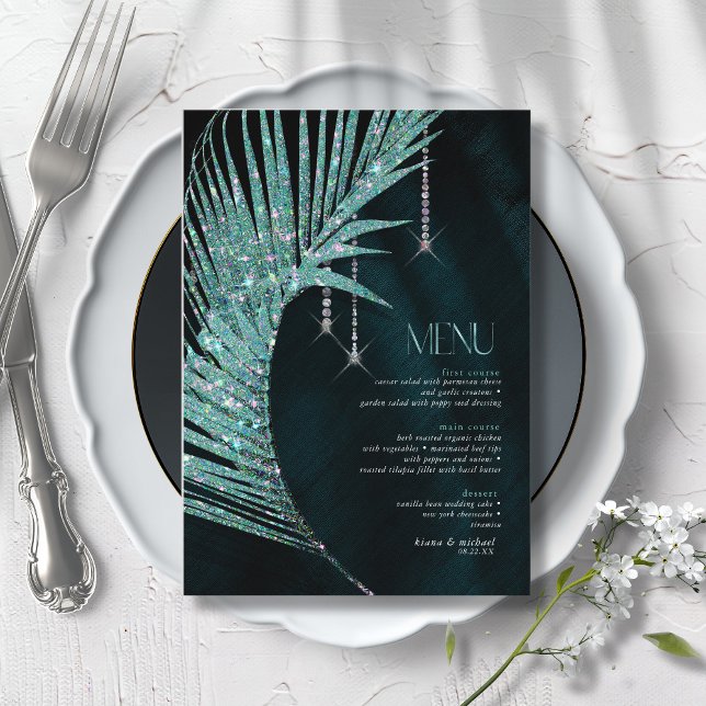 Jewel Palm Leaf Wedding Teal ID830  Menu (Creator Uploaded)