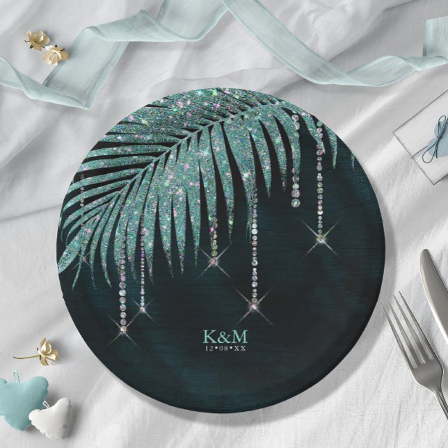 Jewel Palm Leaf Wedding Teal ID830 Paper Plate (Creator Uploaded)