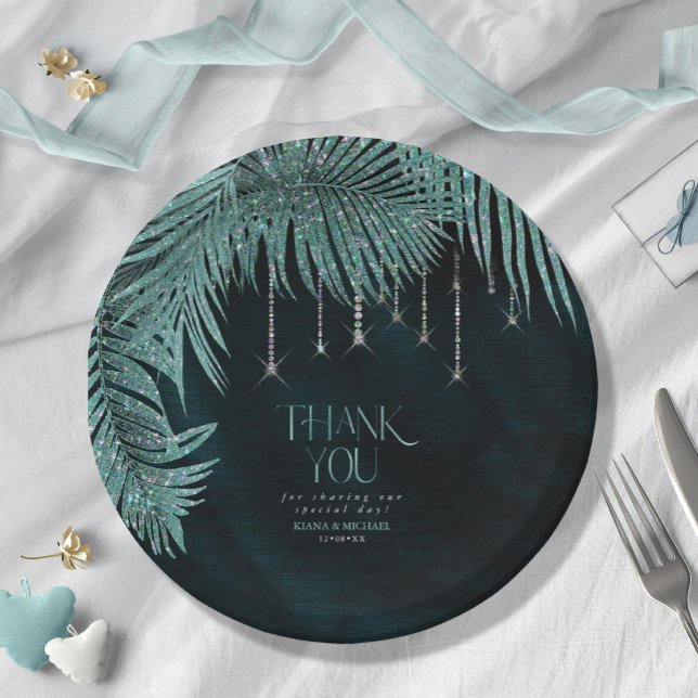 Jewel Palm Leaf Wedding Teal ID830 Paper Plate (Creator Uploaded)