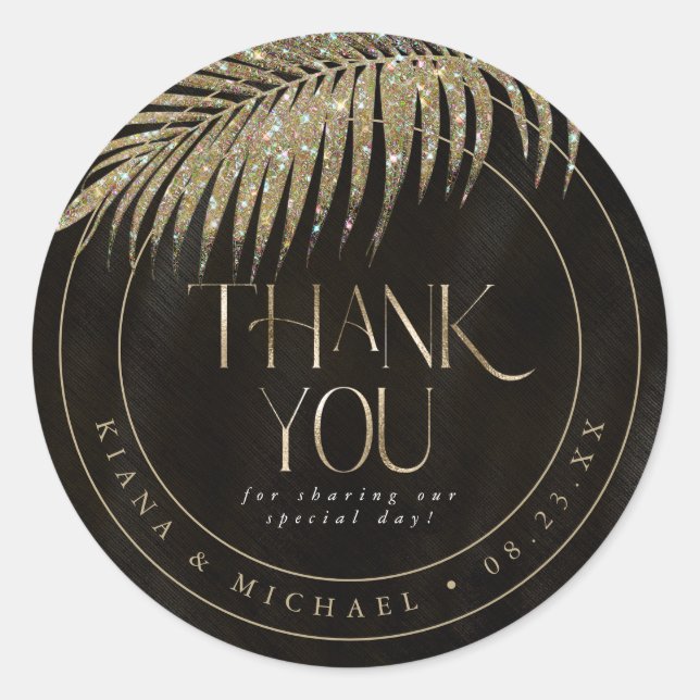 Jewel Palm Leaf Wedding Thank You Gold ID830 Classic Round Sticker (Front)