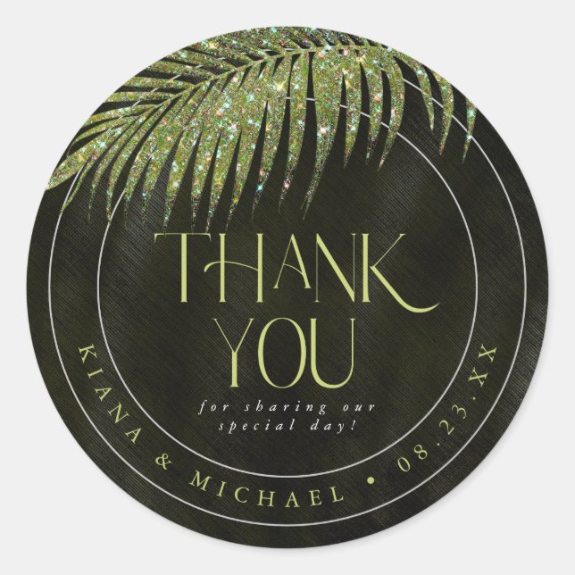 Jewel Palm Leaf Wedding Thank You Green ID830 Classic Round Sticker (Front)