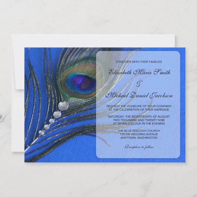 Jewel Peacock Feather Blue Wedding Invitations (Front)