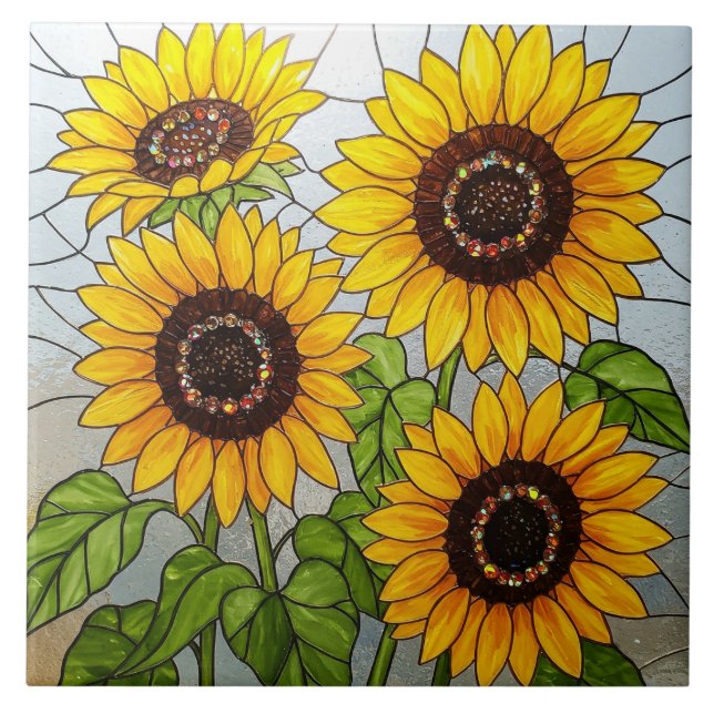Jewel Sunflowers Stained Glass Effect Tile (Front)