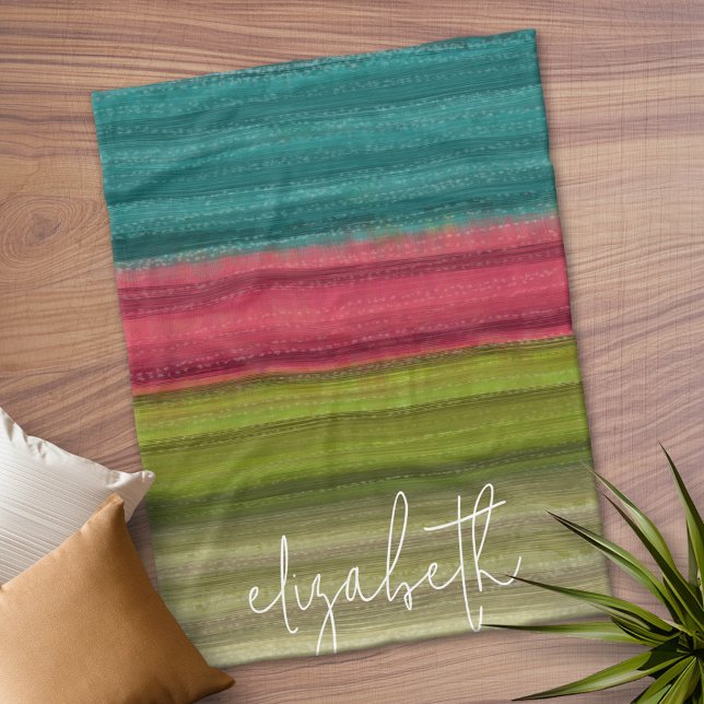 Jewel Tone Abstract Watercolor Stripes Custom Name Fleece Blanket (Personalized Fleece Blanket)