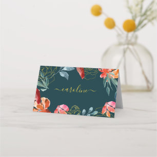 Jewel tone Blue Coral Floral Wedding Table  Place  Place Card