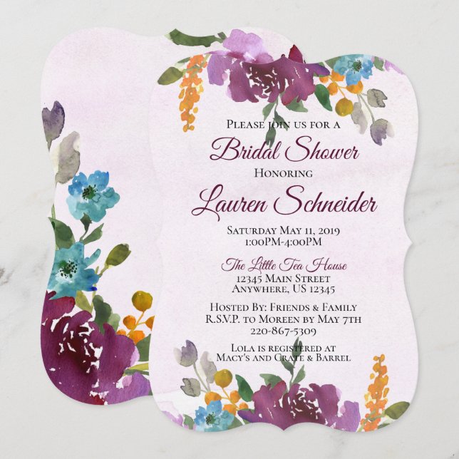 Jewel Tone Bridal Shower Invitations Watercolor (Front/Back)