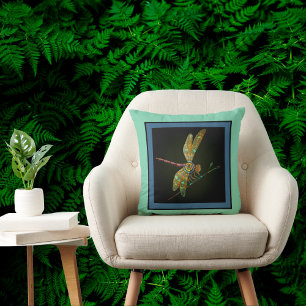 Jewel Tone Dragonfly Meets Mandala on Aqua Cushion