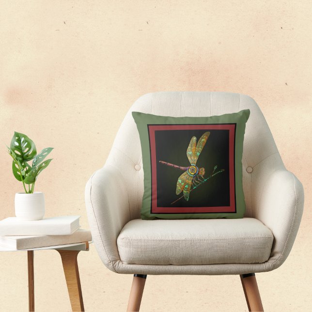 Jewel Tone Dragonfly Meets Mandala on Olive Cushion (Creator Uploaded)