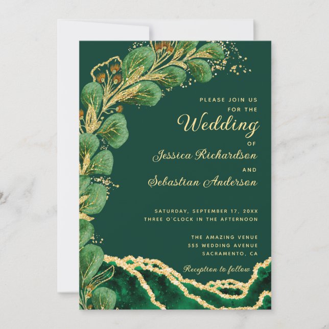Jewel Tone Eucalyptus Emerald Green Agate Wedding Invitation (Front)