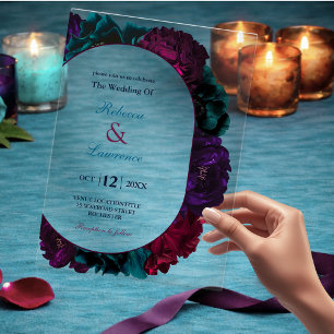 Jewel tone floral wedding acrylic invitations