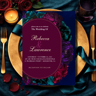 Jewel tone floral wedding invitation