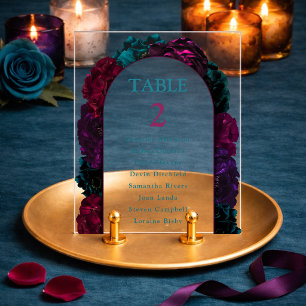 Jewel tone floral wedding table number acrylic sign