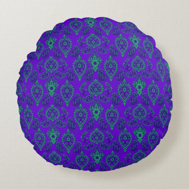 Jewel-Tone Ornate Paisley Design Round Cushion (Front)