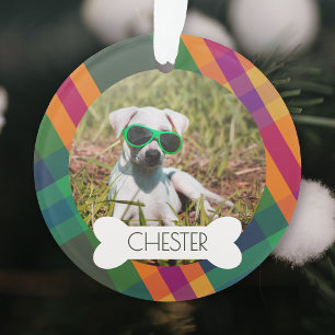 Jewel Tone Plaid Dog Bone Photo Ornament
