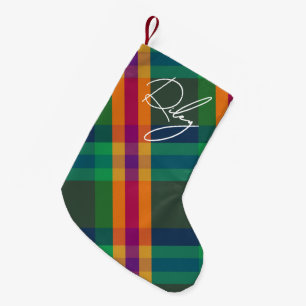 Jewel Tone Plaid Name in Signature Script Small Christmas Stocking