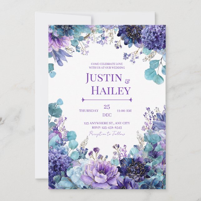 Jewel Tone Purple and Blue Floral Wedding Invitation (Front)
