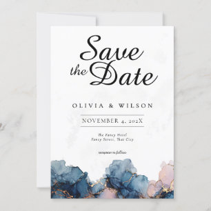 Jewel Tone Save The Date Card, Navy Blue Rose Gold Invitation