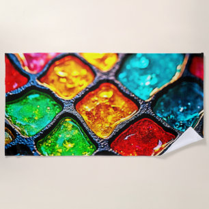 Jewel Tone Stained Glass Art Glow Design Beach Towel