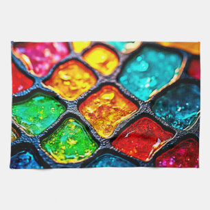 Jewel Tone Stained Glass Art Glow Design Tea Towel