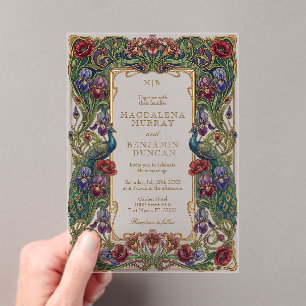 Jewel Tone Vintage Floral Garden Peacocks Wedding Acrylic Invitations