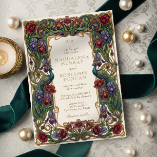 Jewel Tone Vintage Floral Garden Peacocks Wedding Invitation