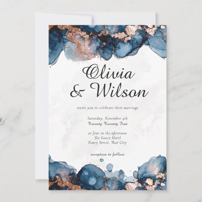 Jewel Tone Wedding Invite, Navy Blue and Rose Gold Invitation (Front)