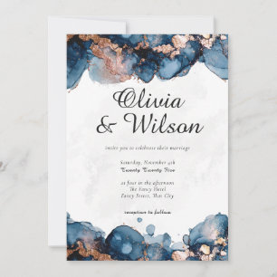 Jewel Tone Wedding Invite, Navy Blue and Rose Gold Invitation