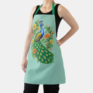 Jewel Toned Art Nouveau Peacock and Flowers Apron