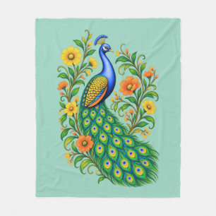 Jewel Toned Art Nouveau Peacock and Flowers  Fleece Blanket