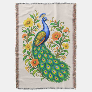 Jewel Toned Art Nouveau Peacock and Flowers Throw Blanket